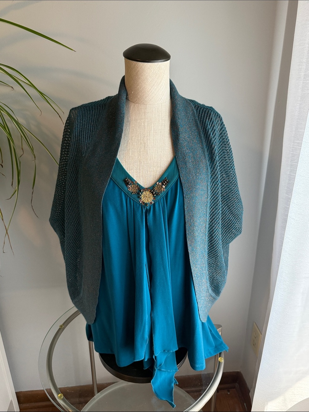 Ellen TracyTeal Draped Knit Shrug and Tank Set
